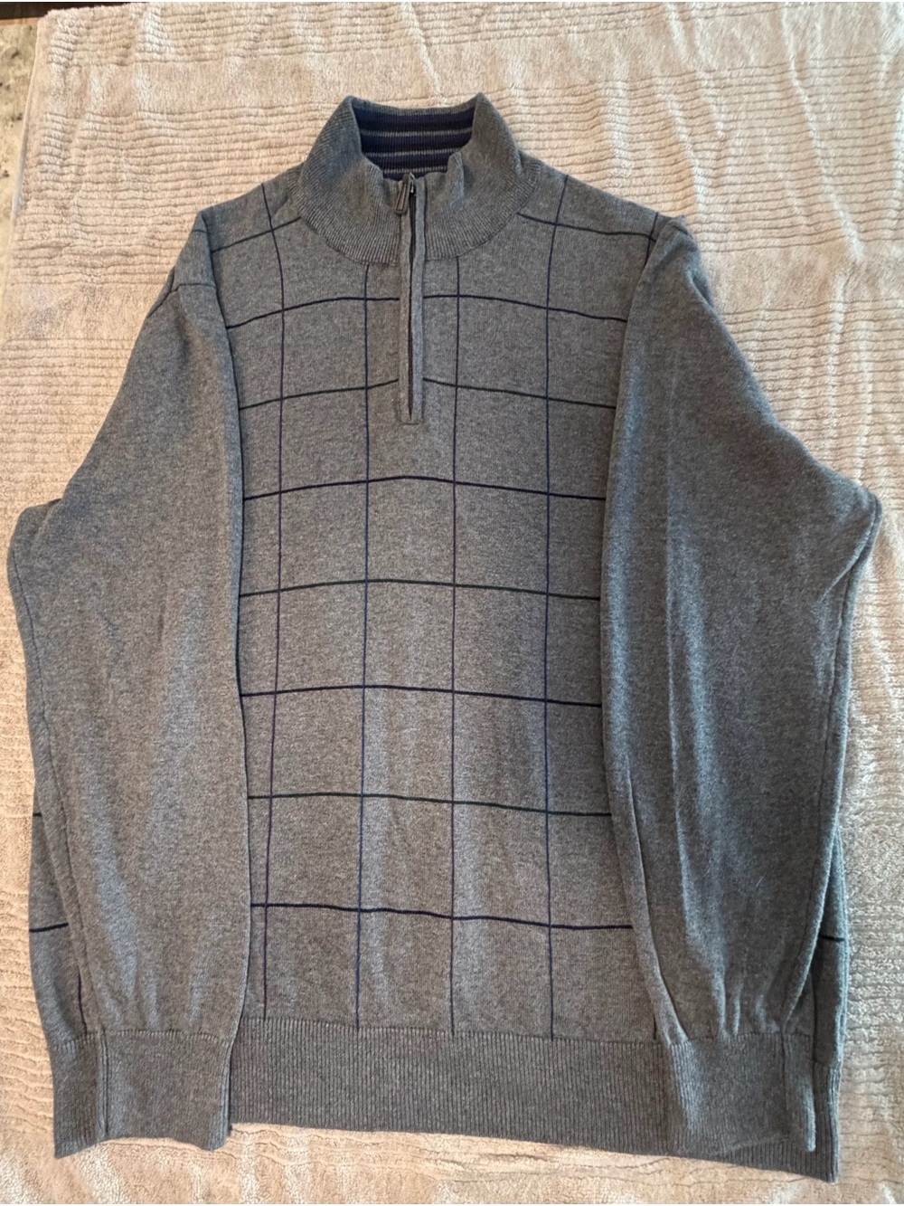 Alan Flusser Gray Zip-Front Mock Neck Sweater with Navy Windowpane